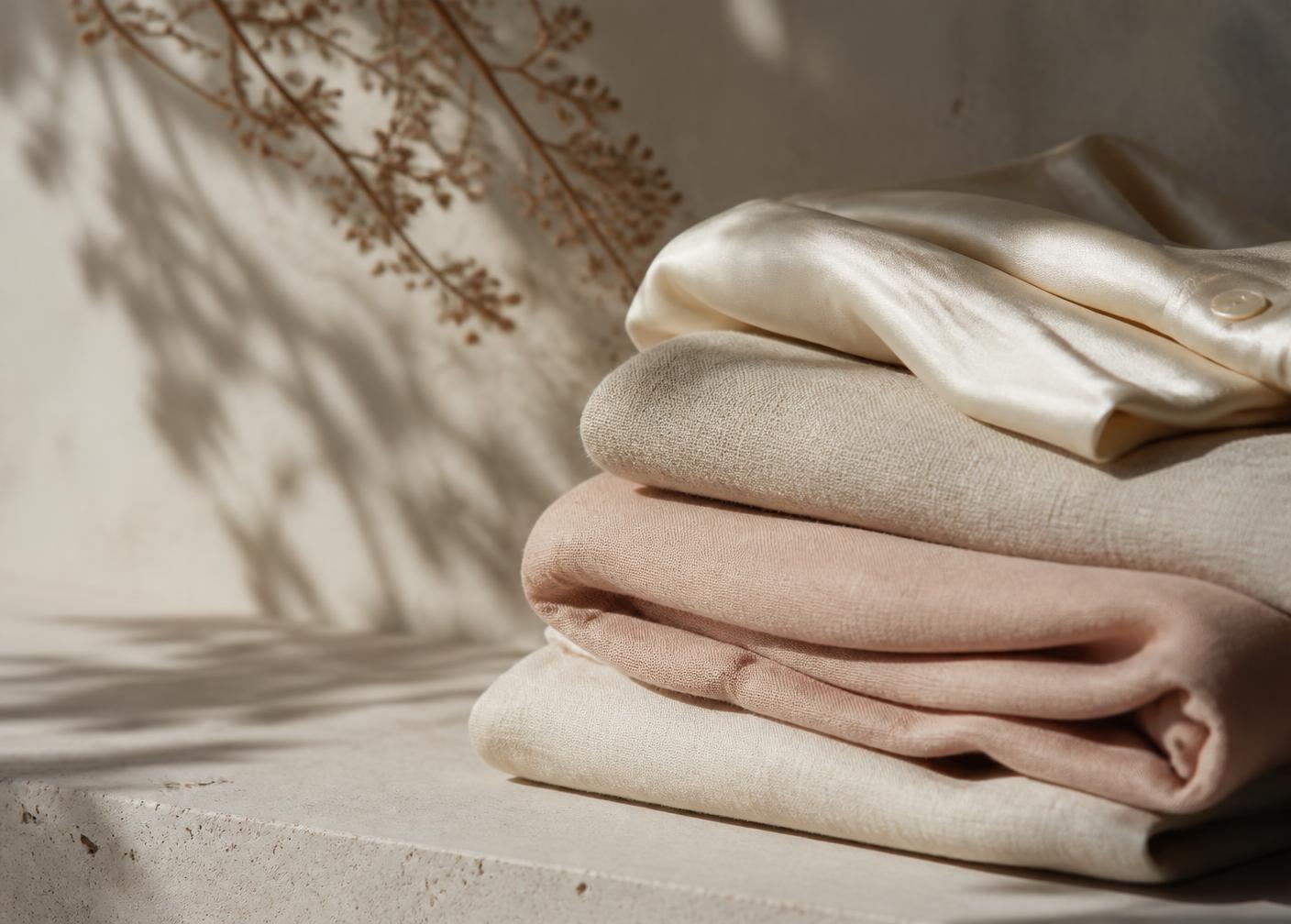 Folded silk and linen garments in ivory and blush tones