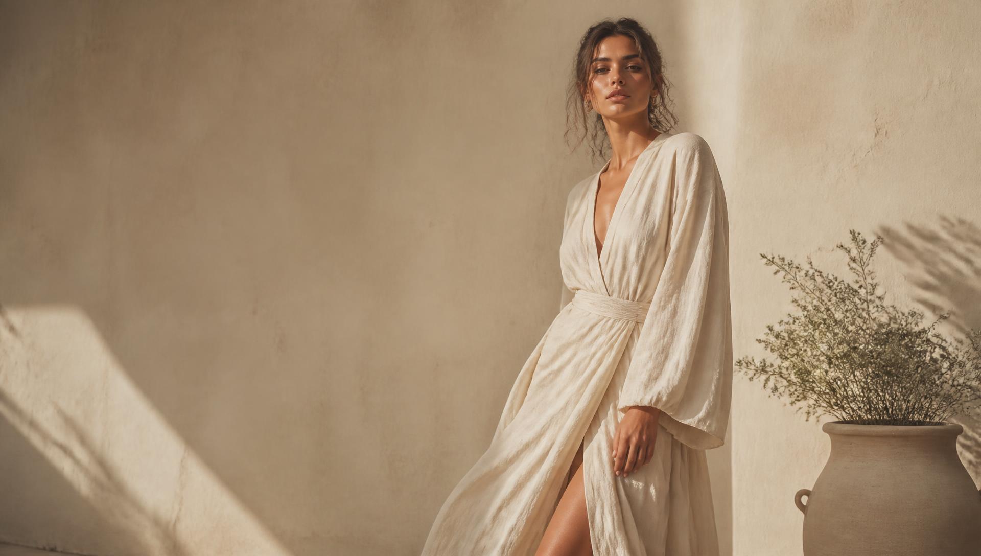 Woman in an ivory linen dress in soft daylight